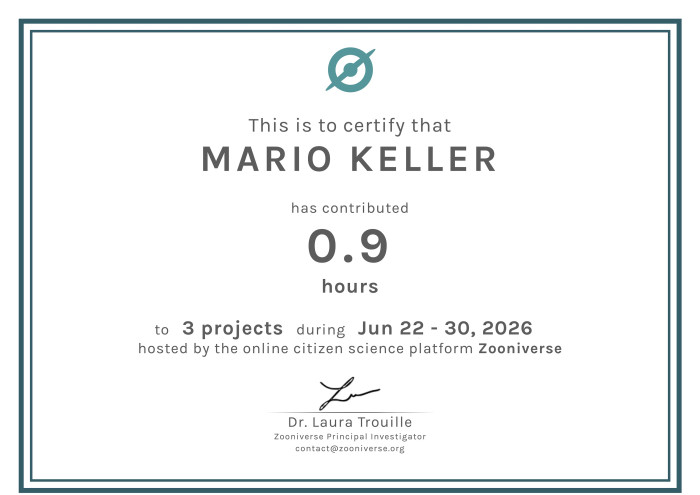 Zertifikat für die Unterstützung von Zooniverse-Projekten (Bild: Mario Keller)